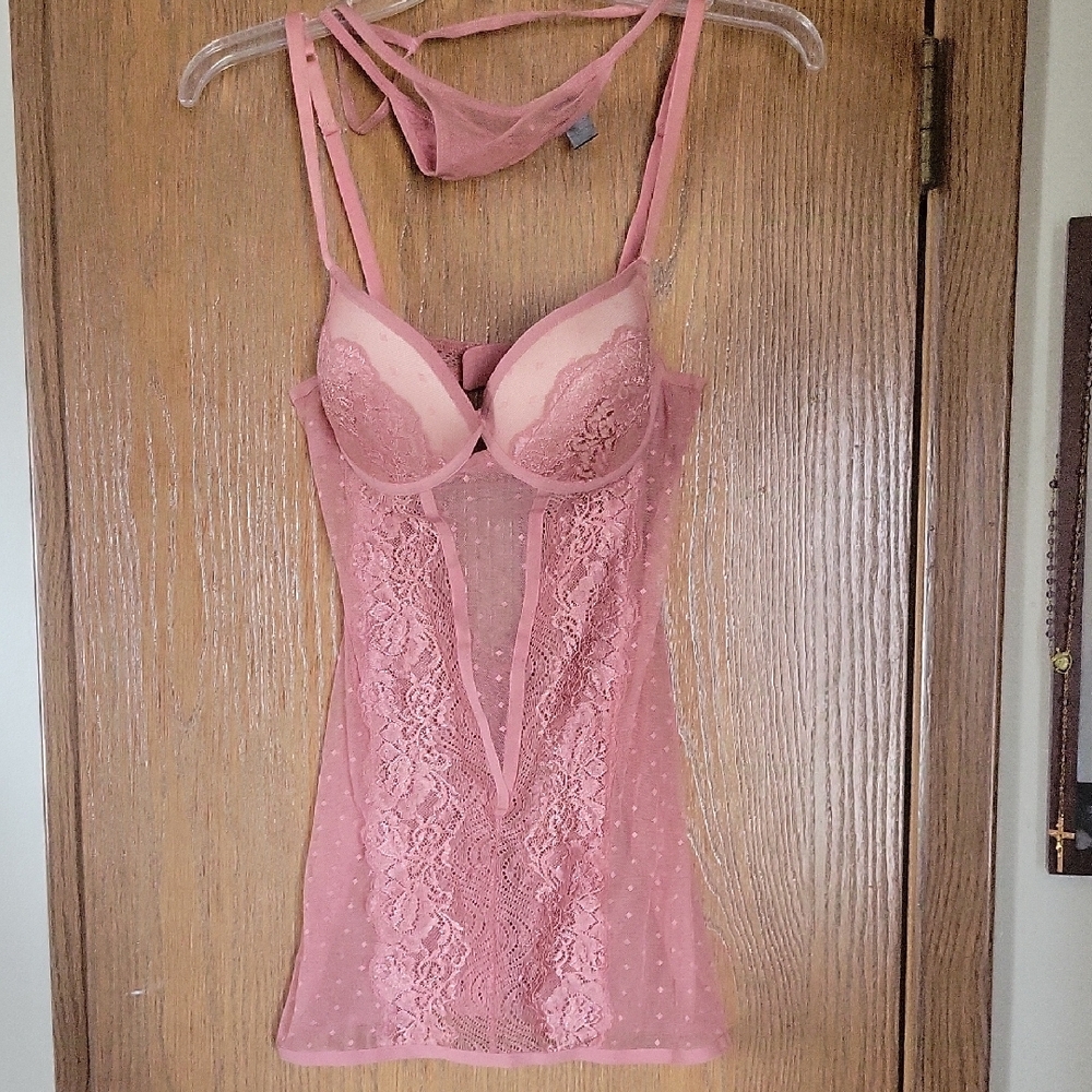 Pink Lace Chemise with Adjustable Straps and Sweetheart Neckline